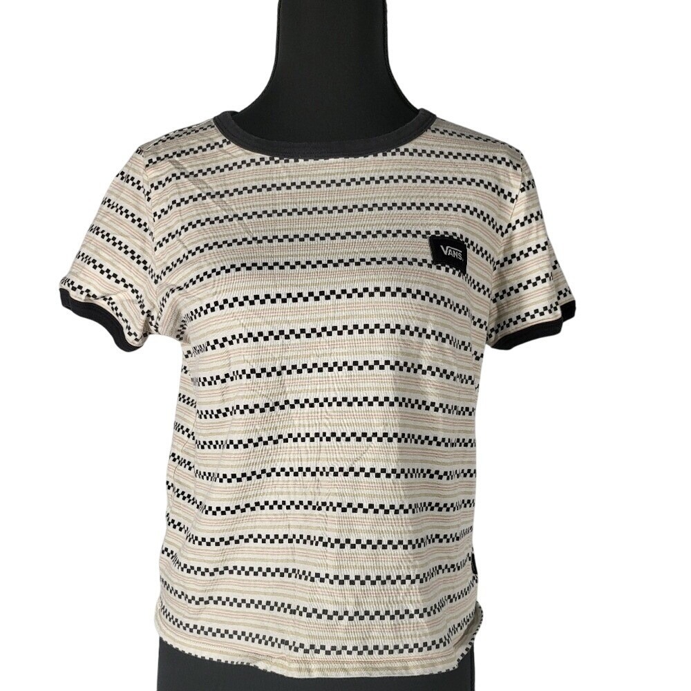 Vans Women Medium Ringer Tee Checkerboard Stripe Short Sleeve Shirt Black Size S